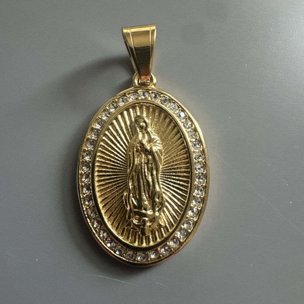 Gold Plated Virgin Mary Stainless Steel Pendant Jesus Cubic Zirconia 24” Chain